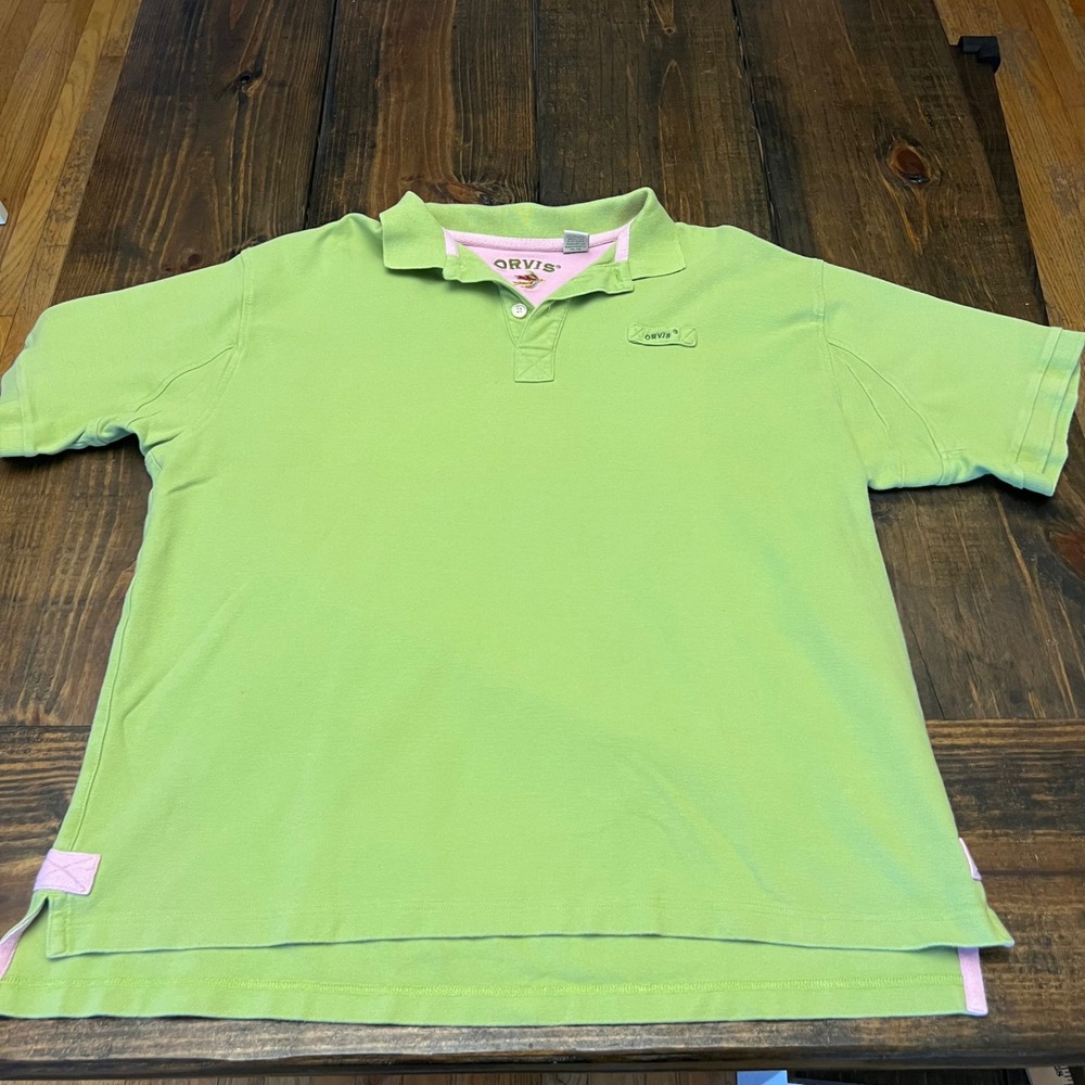 ORVIS Mens Lime Green Pink Trim Polo Shirt Golf Fishing Casual Size XL-T